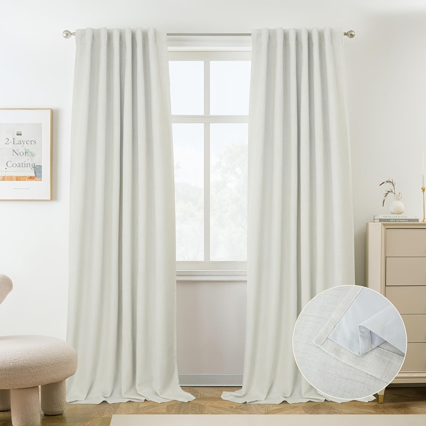 2 Panels 100% Blackout Linen Curtains for Bedroom Farmhouse