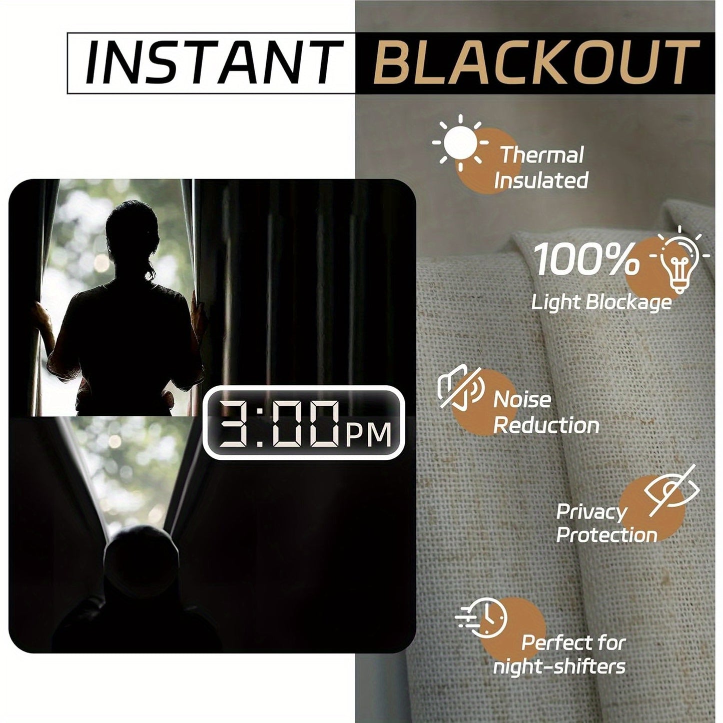 2 Panels 100% Blackout Linen Curtains for Bedroom Farmhouse