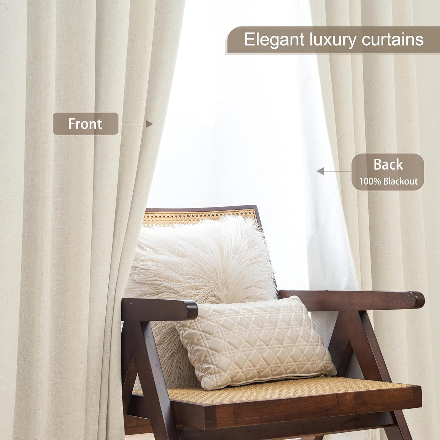 2 Panels 100% Blackout Linen Curtains for Bedroom Farmhouse