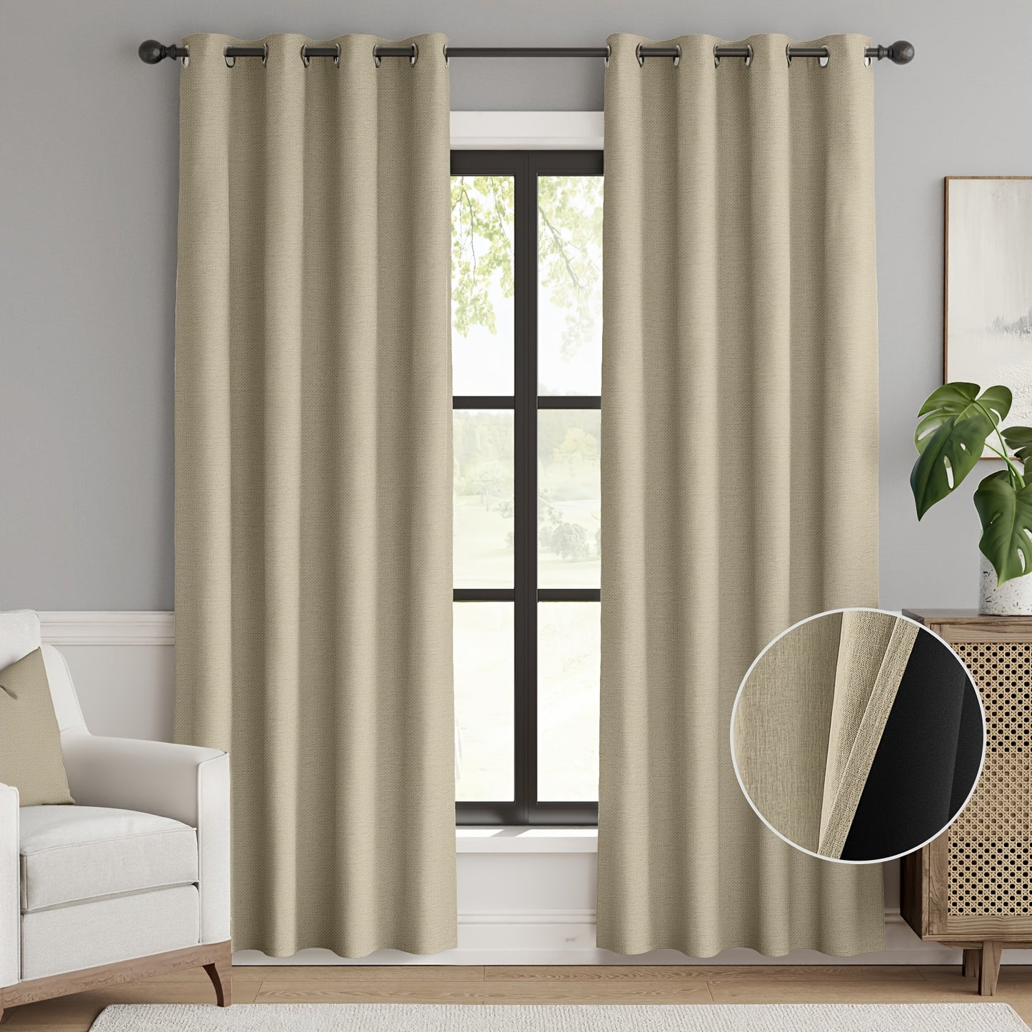 2pcs 100% Privacy Blackout Curtains for Bedroom, Linen Textu