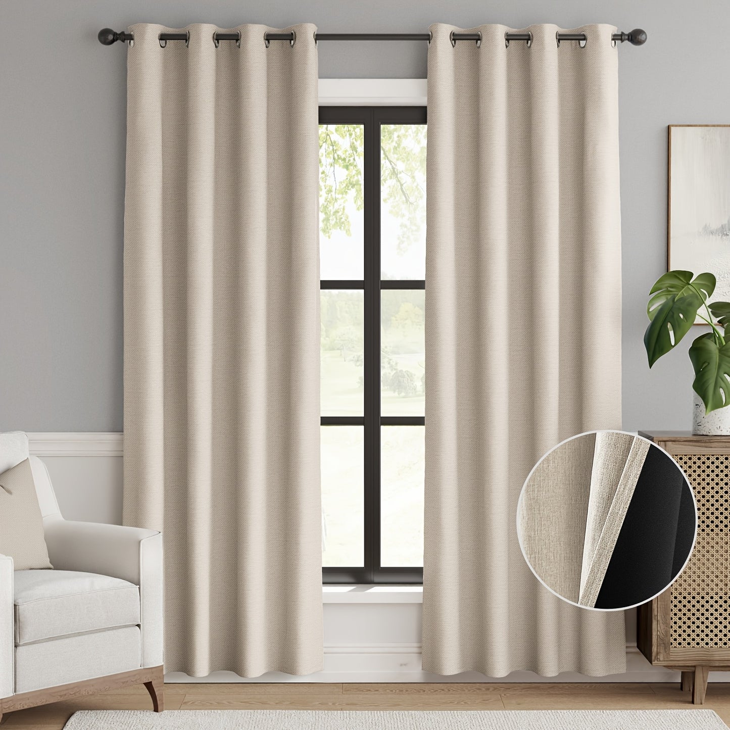 2pcs 100% Privacy Blackout Curtains for Bedroom, Linen Textu