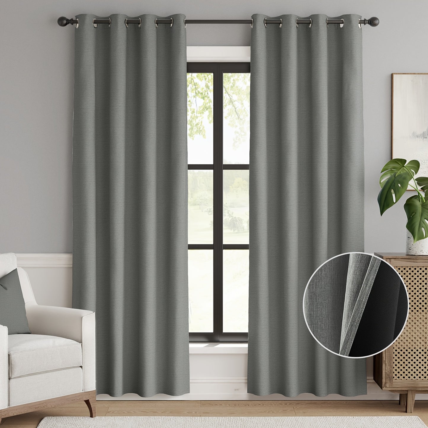 2pcs 100% Privacy Blackout Curtains for Bedroom, Linen Textu