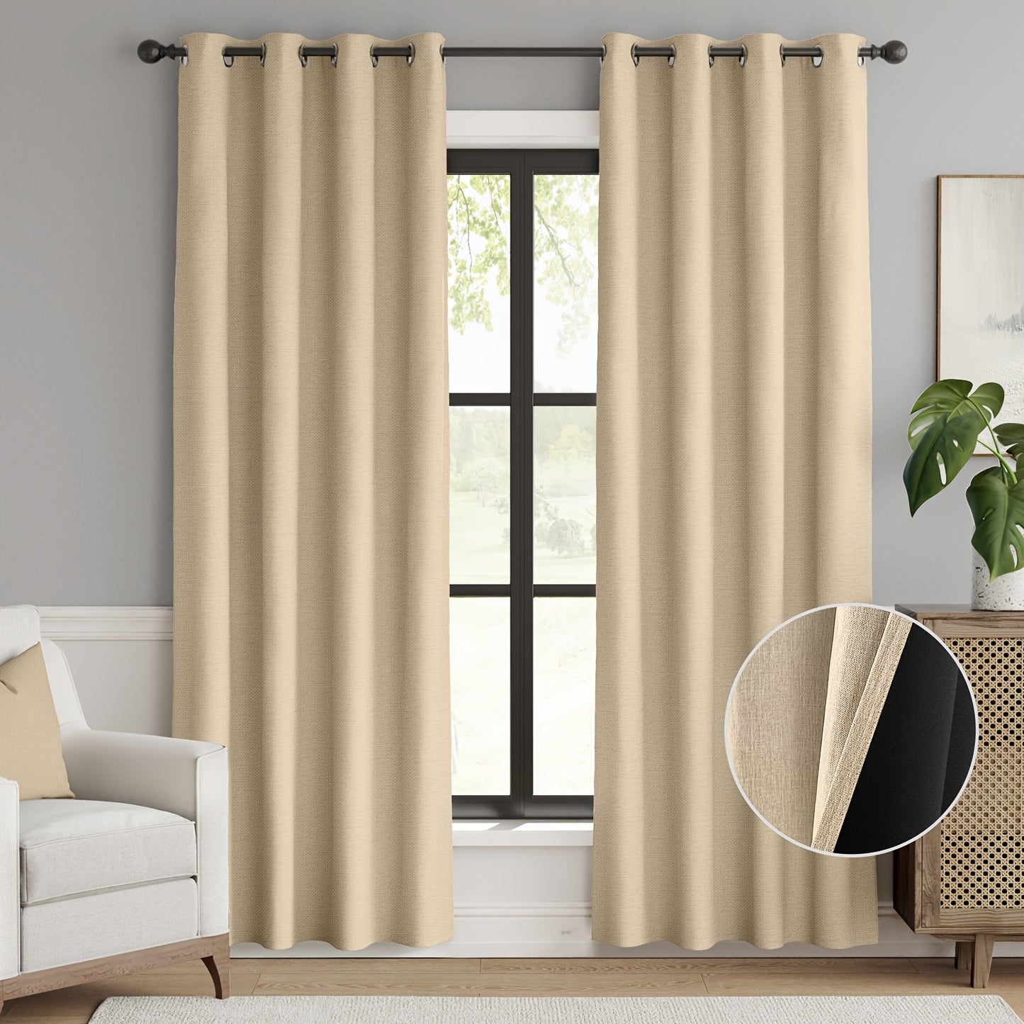 2pcs 100% Privacy Blackout Curtains for Bedroom, Linen Textu