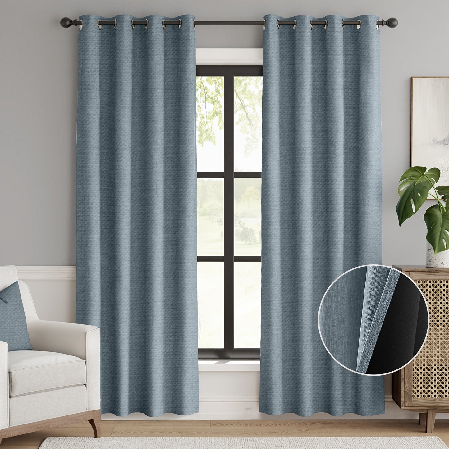 2pcs 100% Privacy Blackout Curtains for Bedroom, Linen Textu